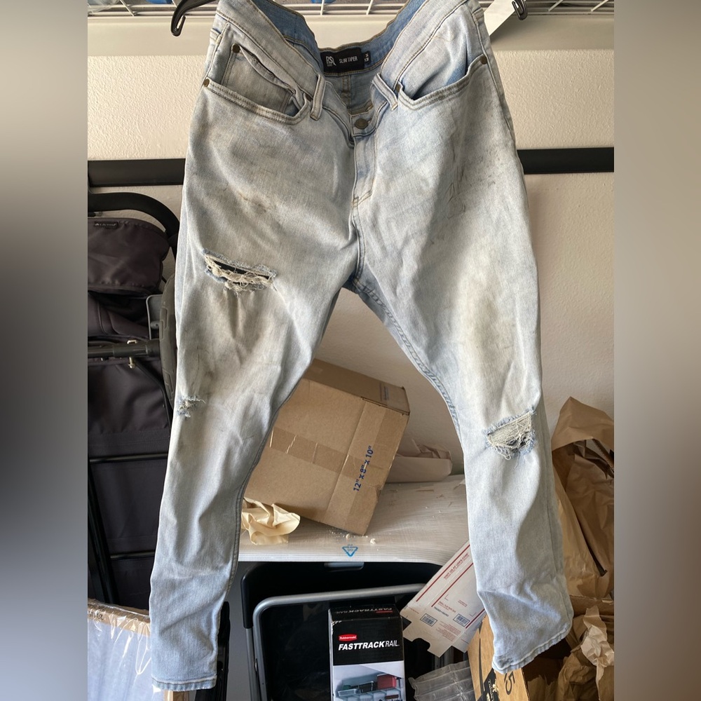 RSQ Jeans slim taper 34x30 stretchy stained and distressed